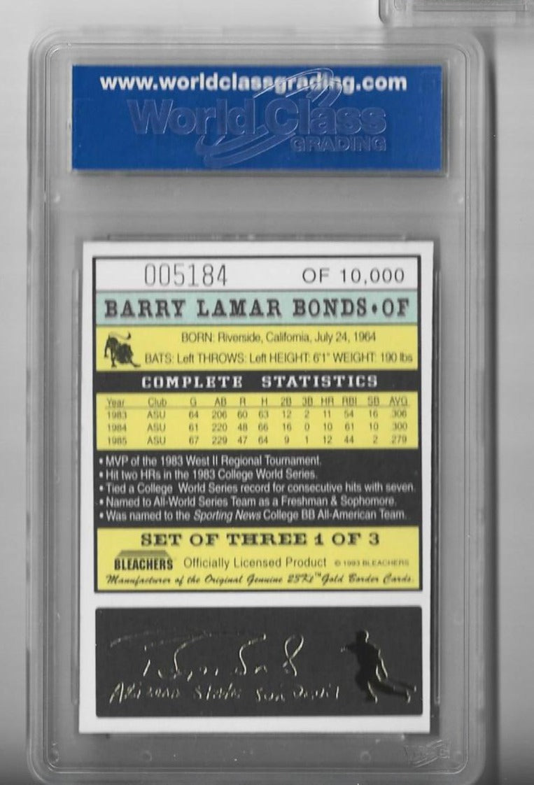 Barry Bonds 1993 Bleachers 23KT Gold Border #1 (WCG Grade 10 GEM-MT) Card - Image 2