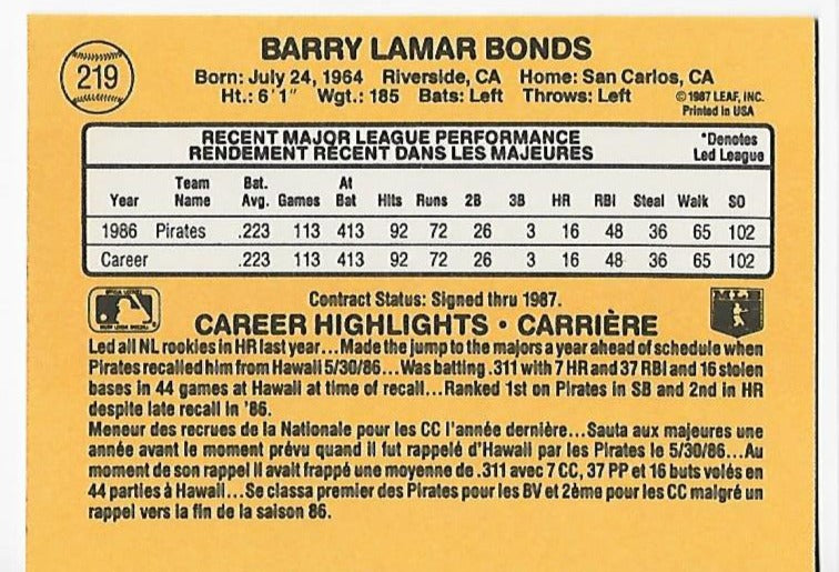 Barry Bonds 1987 Donruss #219 Rookie Card - Image 2