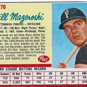Bill Mazeroski 1962 Post Cereal #170 Card