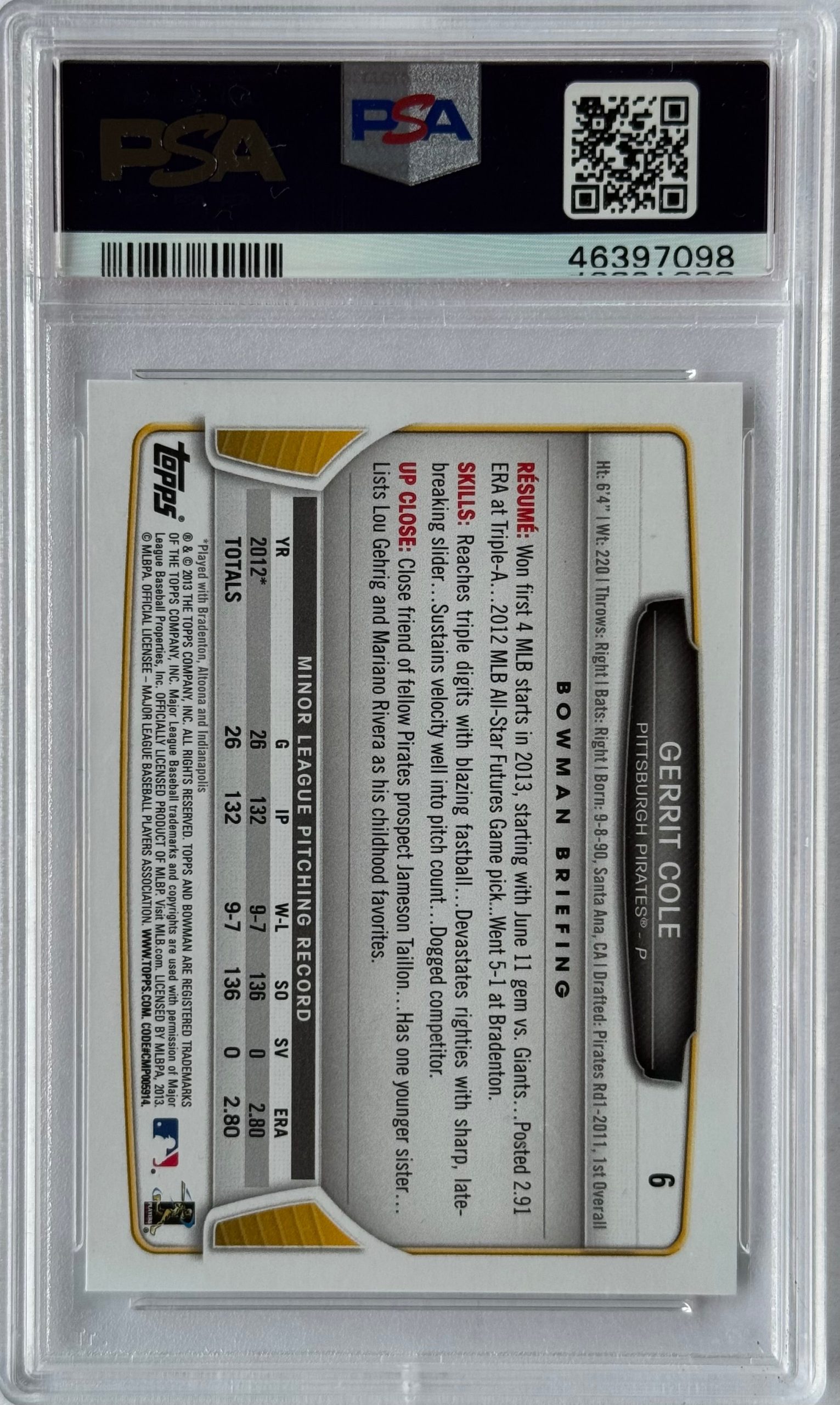 Gerrit Cole 2013 Bowman DP & PROS Rookies PSA Mint 9 - Image 2