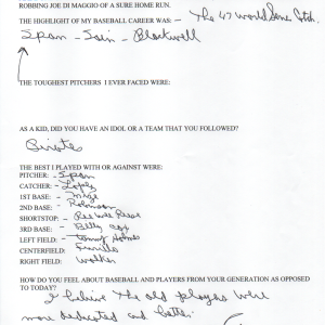 Al Gionfriddo Autographed Hand Filled Out Survey Page (JSA)