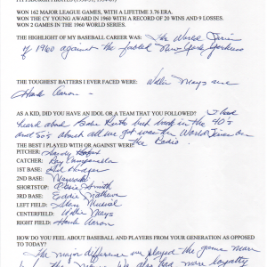 Vern Law Autographed Hand Filled Out Survey Page (JSA)