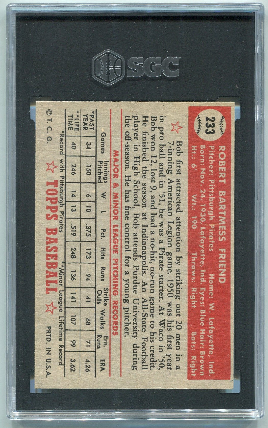 Bob Friend 1952 Topps Card #233 SGC Graded 4.5 - Image 2
