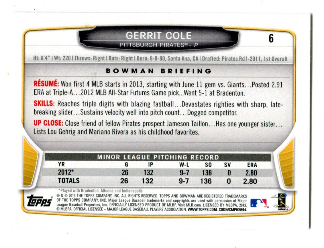 Gerrit Cole 2013 Topps Bowman #6 Card - Image 2