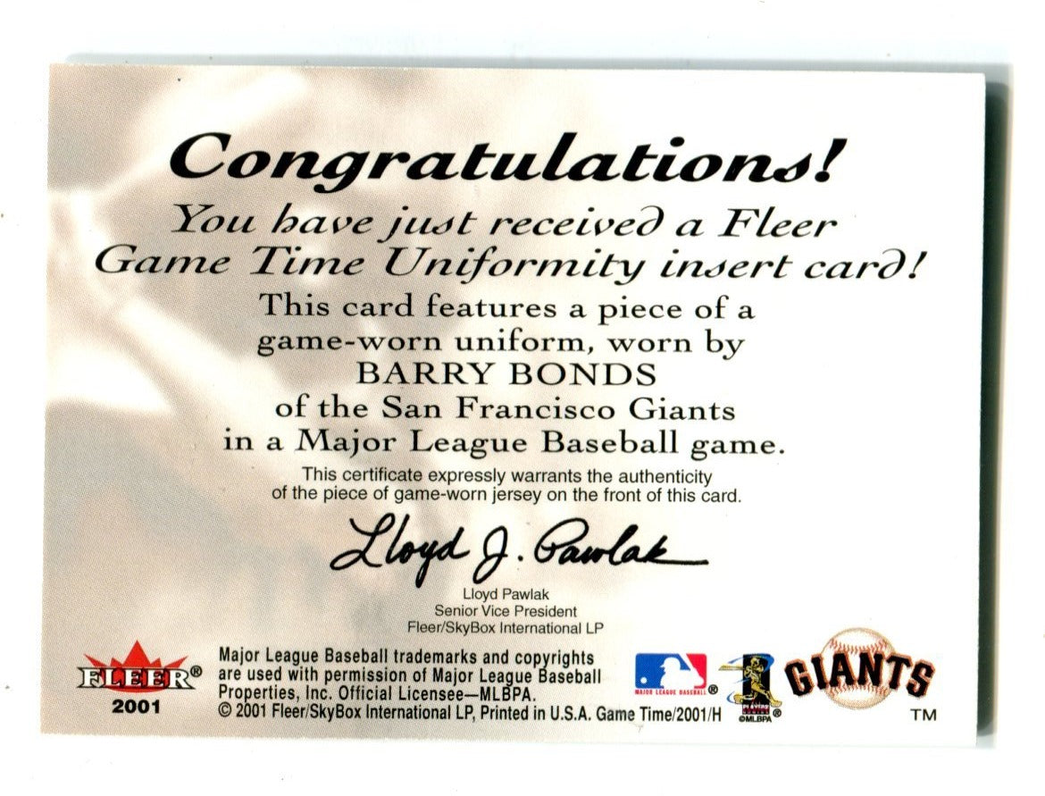 Barry Bonds Fleer 2001 Uniformity Insert Card - Image 2