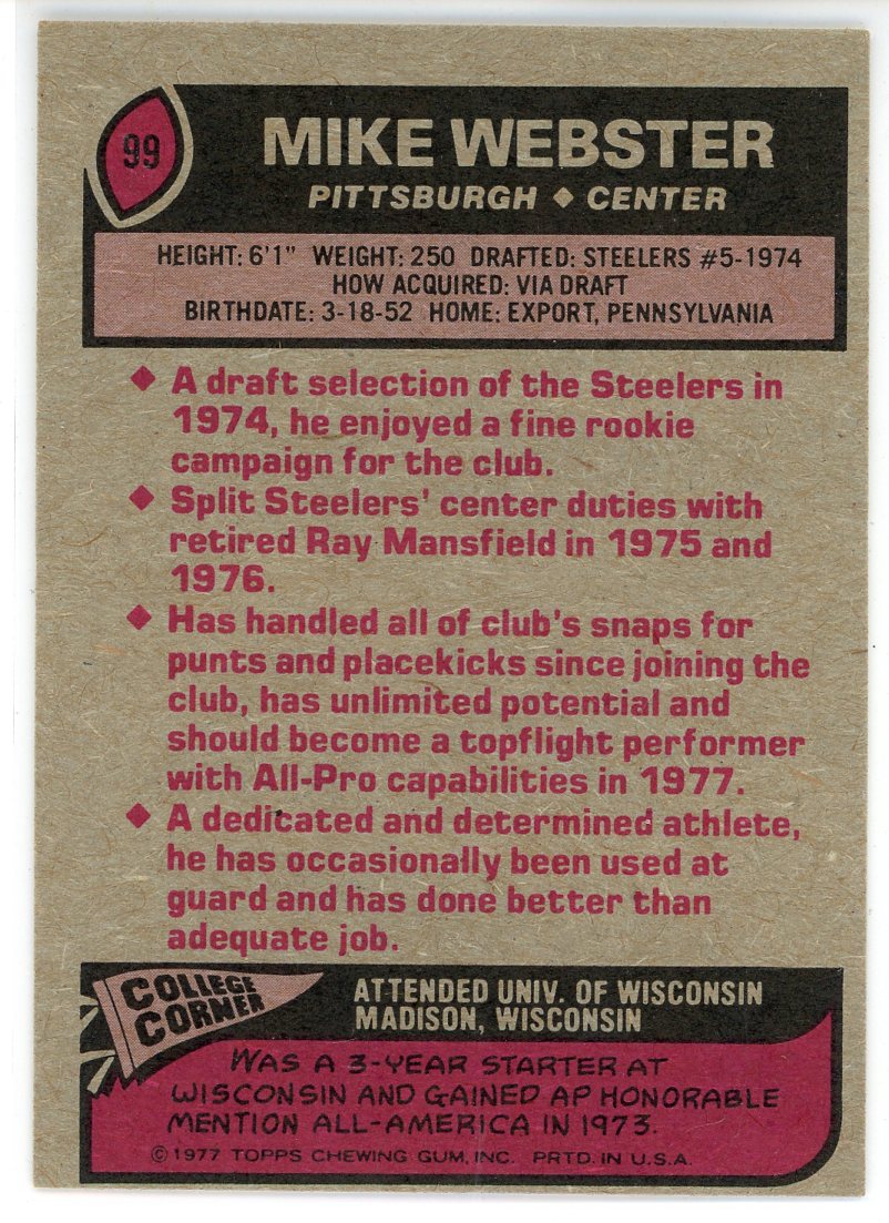 Mike Webster 1977 Topps Card #99 - Image 2