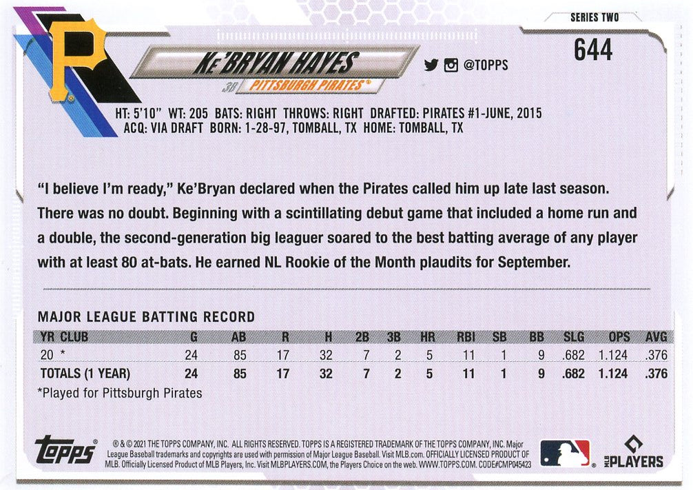 Ke'Bryan Hayes 2021 Topps Rookie Card - Image 2