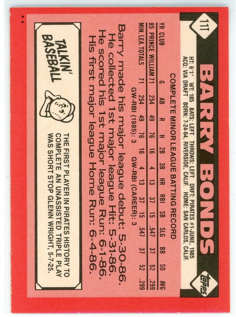 Barry Bonds 1986 Topps Rookie Card #111 - Image 2