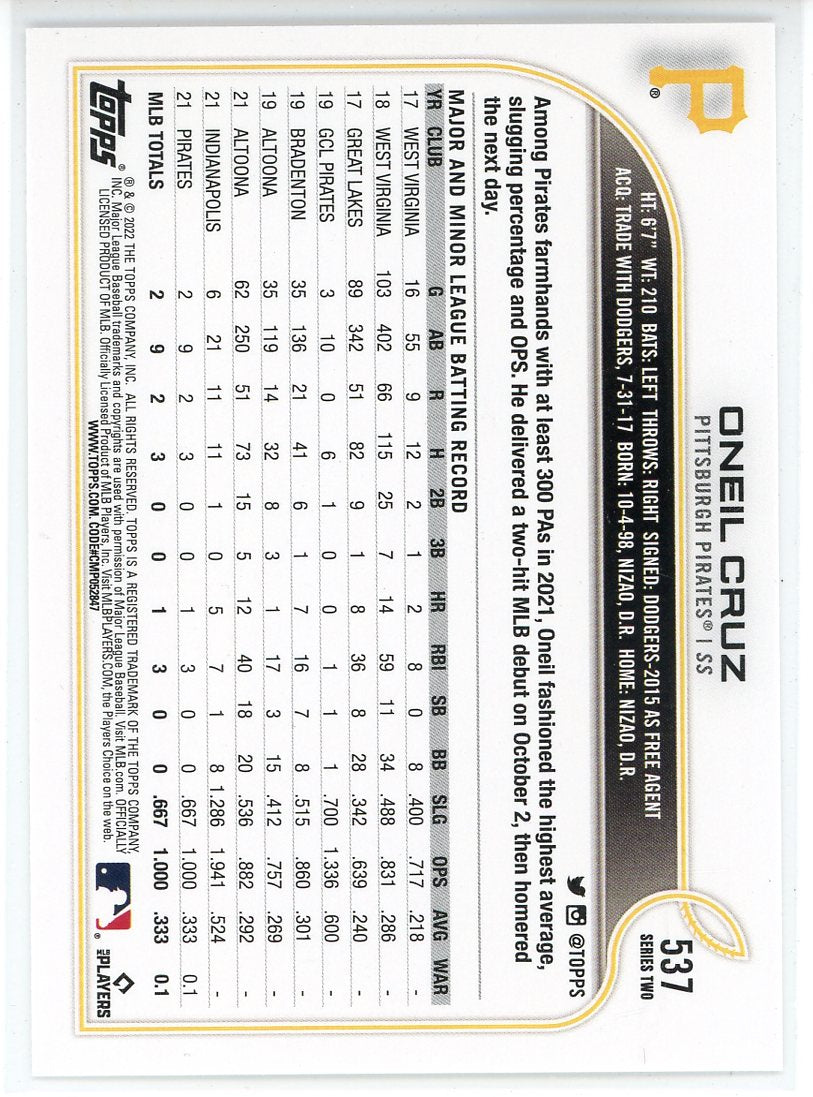 Oneil Cruz 2022 Topps Series Two Rookie Card #537 - Image 2