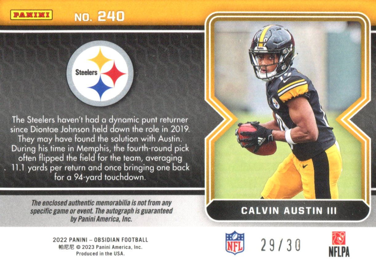 Calvin Austin III 2022 Panini Obsidian Rookie Autographed Card #240 #29/30 - Image 2