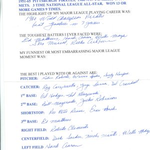 Bob Friend Autographed Hand Filled Out Survey Page