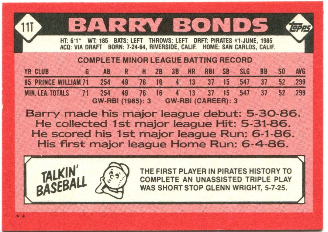 Barry Bonds 1986 Topps Rookie Card #111 - Image 2