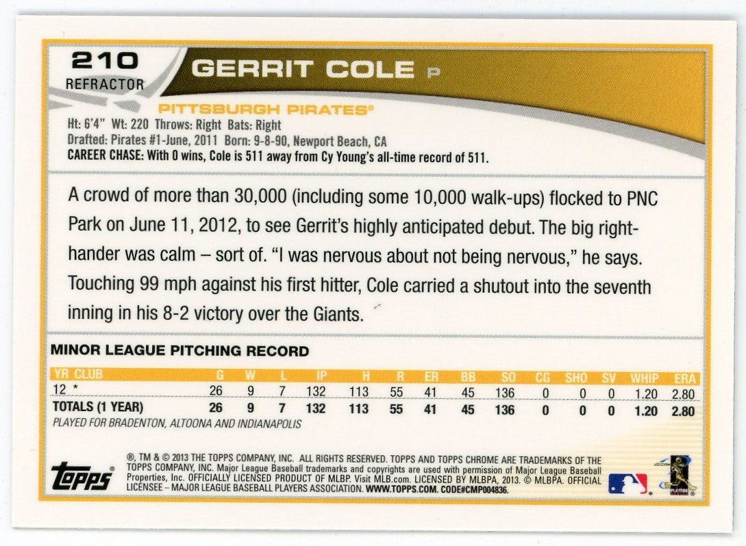 Gerrit Cole 2013 Topps Chrome Refractor Silver #210 Card - Image 2