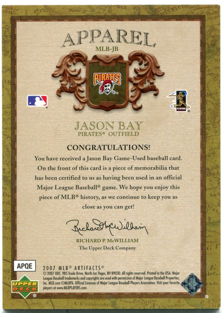 Jason Bay Upper Deck Artifacts Apparel Jersey Card 015/130 - Image 2