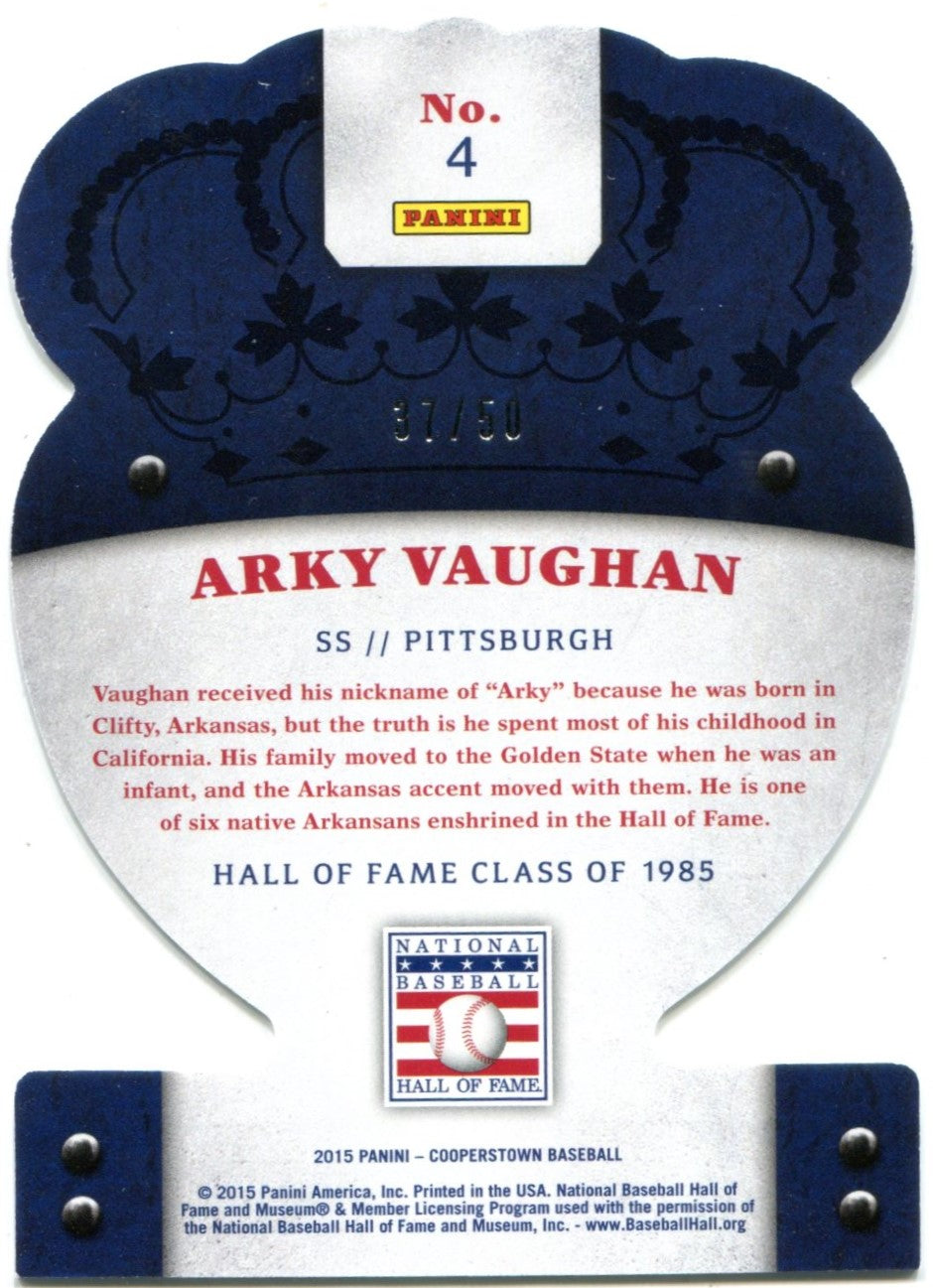 Arky Vaughan 2015 Panini Crown Royale Purple Parallel Card #4 37/50 - Image 2