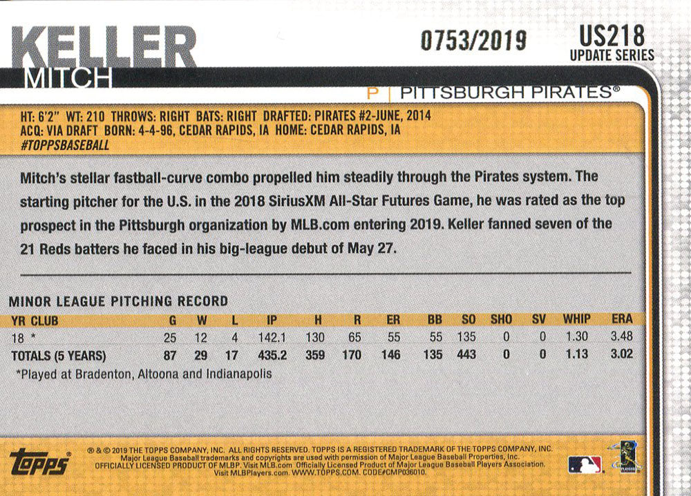 Mitch Keller 2019 Topps Rookie Card #US218 - Image 2